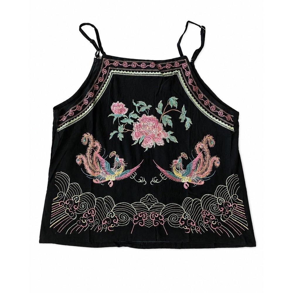 Boho Embroidered Phoenix Bird Peony Tank Top BlackCami Womens Medium Art To Wear